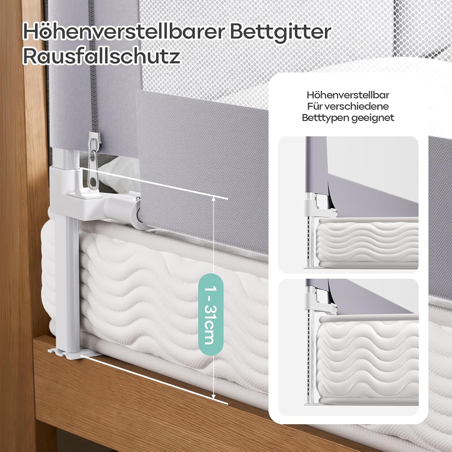 Thumbnail 2 de Lertantri Bettschutzgitter Hellgrau 180 cm – höhenverstellbar mit Befestigungsgurten, werkzeuglose Montage (1 Stück)