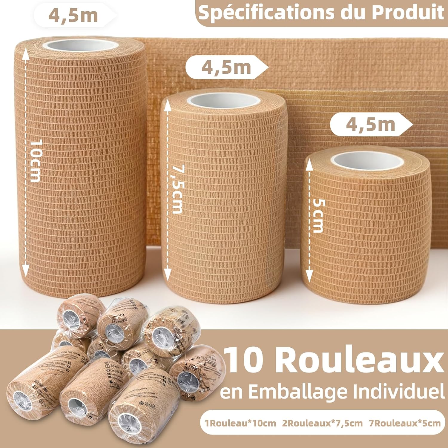 Thumbnail 2 de HONYAO Bandage Autoadhésif 10 Rouleaux – Bande Cohesive Multifonction pour Humains et Animaux (Beige, 3 Tailles)