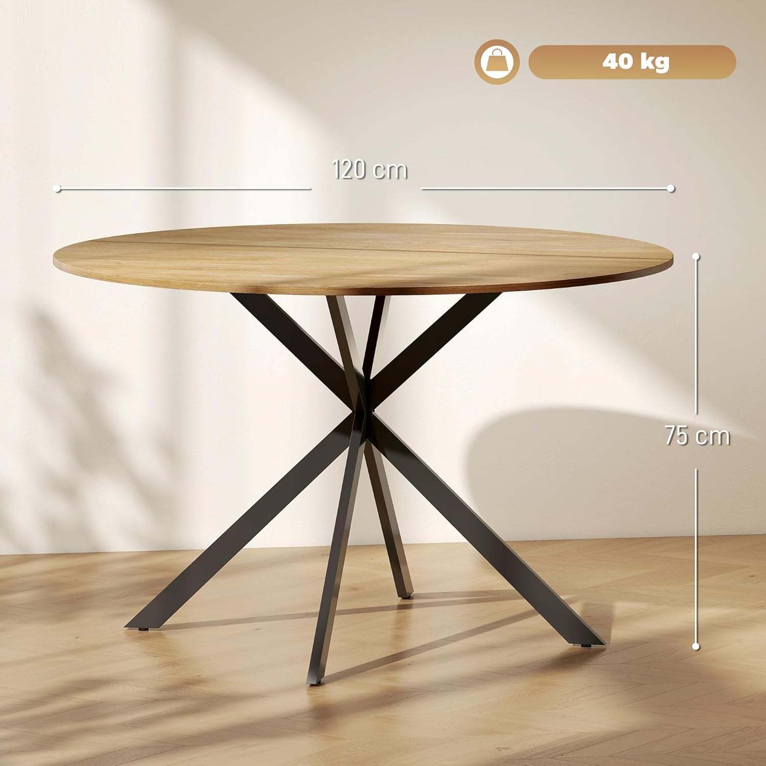 Thumbnail 2 de HOMCOM Table à Manger Rond 120 cm pour 4 Personnes – Style Industriel avec Plateau Bois et piètement Croisé en Acier (Chêne)