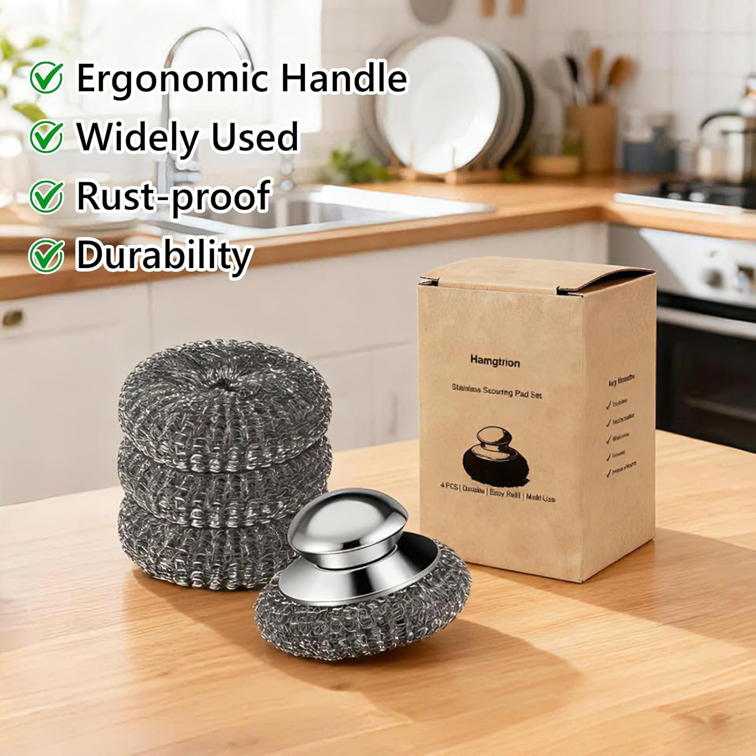 Thumbnail 6 de Steel Wool Scrubber, 4-Pack with Handle: Durable Stainless Steel Cleaning Pad Set for Kitchen and Beyond