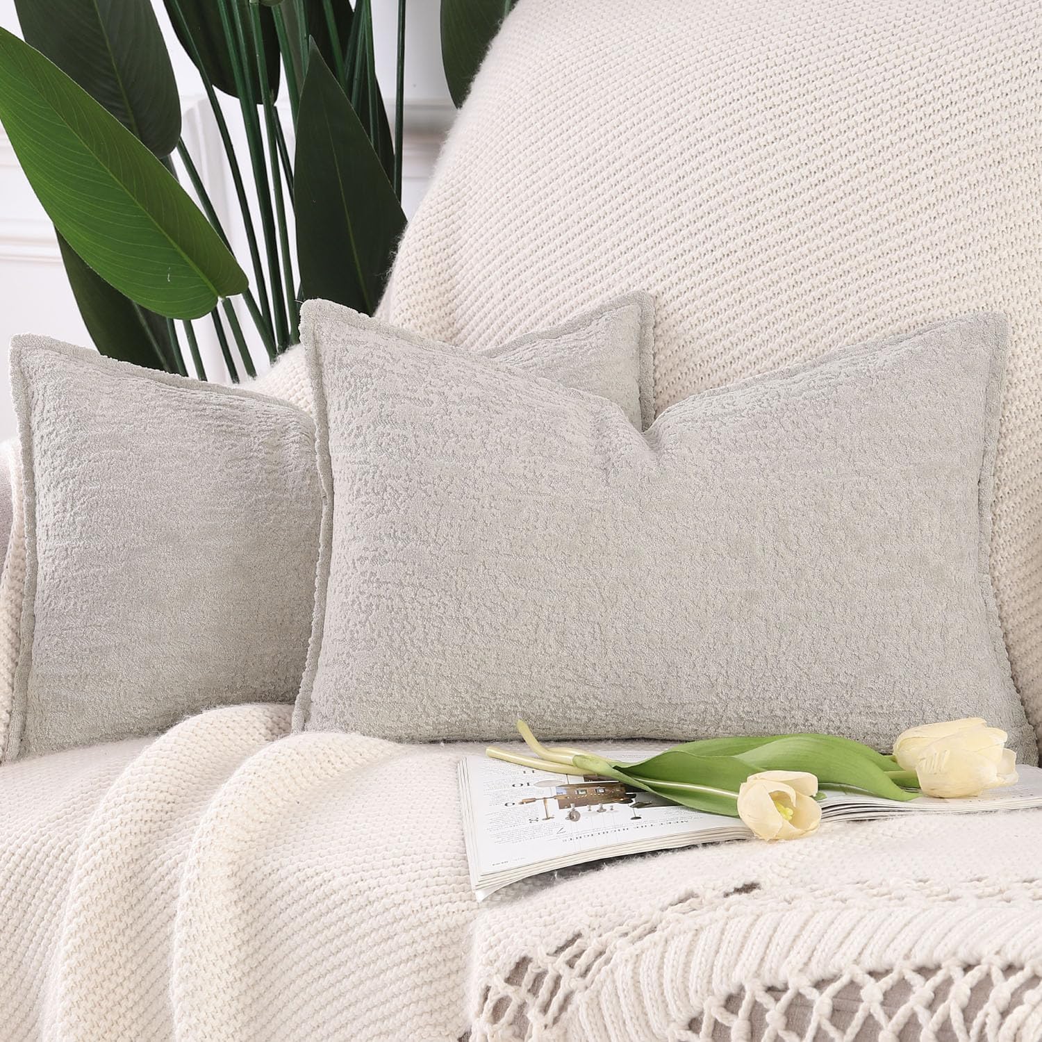 Thumbnail 6 de Madizz 2er-Set Chenille-Samt Kissenbezüge mit Randdekor (ohne Füllung) für Sofa, Boho & Schlafzimmer – 40x80 cm
