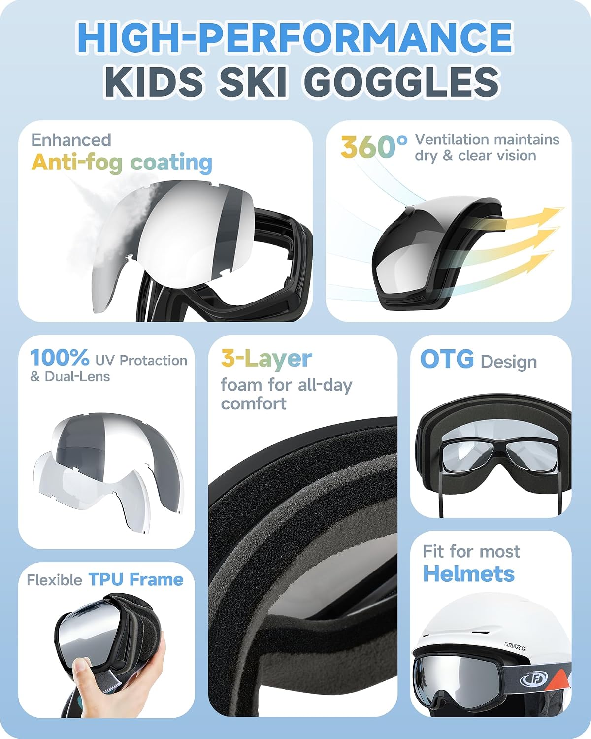 Thumbnail 4 de Findway Kids Ski Goggles OTG 100% UV