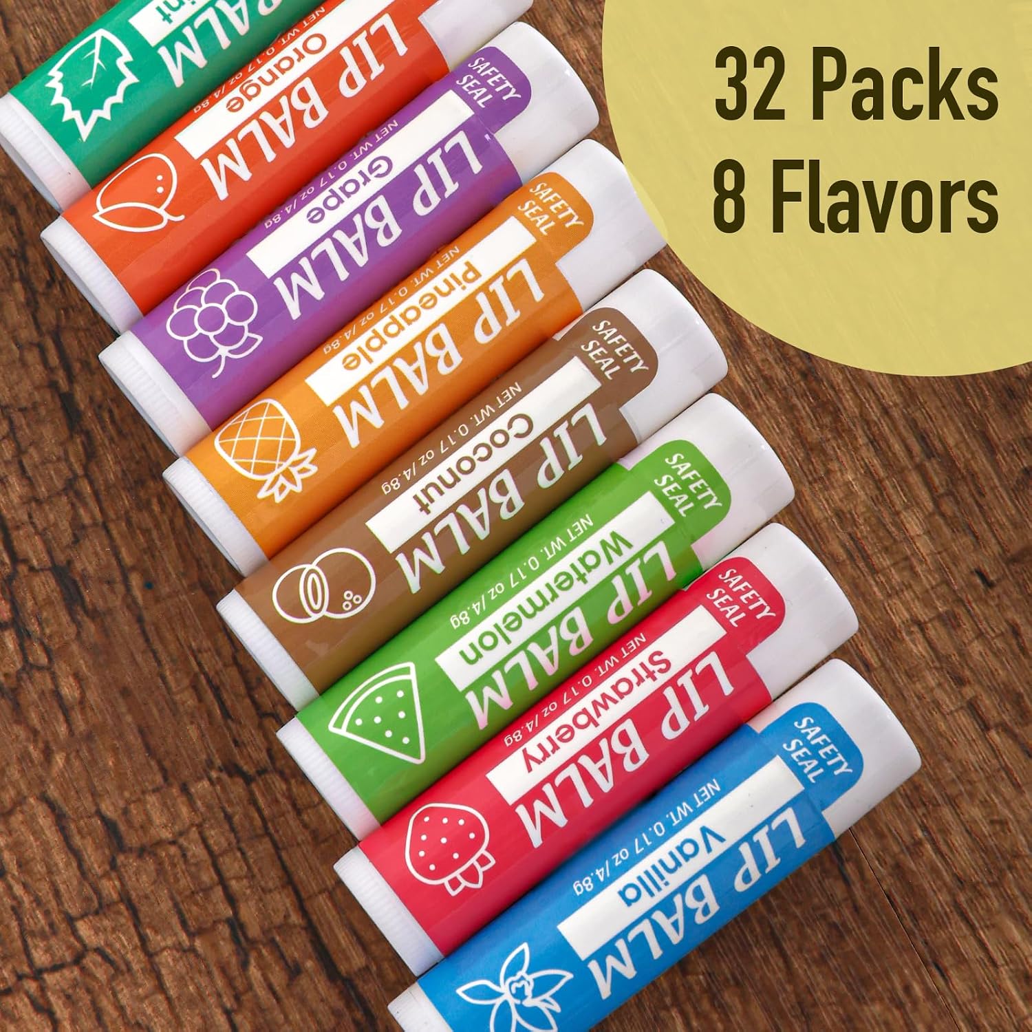Detalle 2 de YesBes 32-Pack Natural Lip Balm (Vitamin E + Coconut Oil) — 8 Flavors