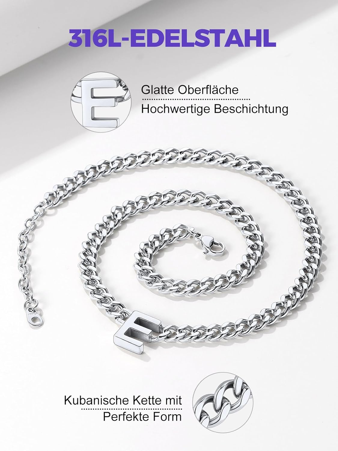 Detalle de Richsteel Initial Halskette A-Z Kuban Link – Personalisierbare Edelstahl-Kette mit Initialen