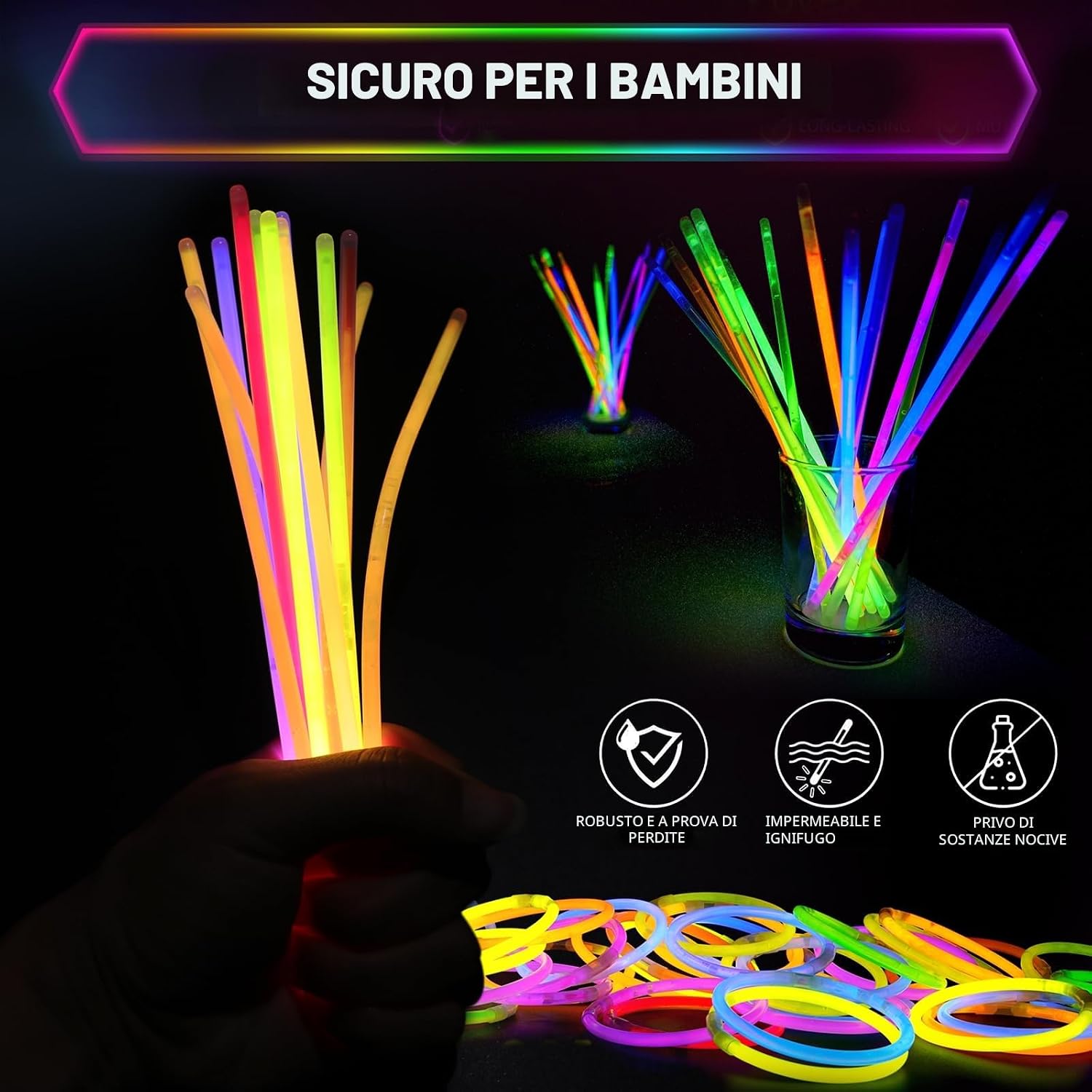Detalle 2 de Kangtaixin braccialetti luminosi fluorescenti per bambini con 100 bastoncini e 100 connettori