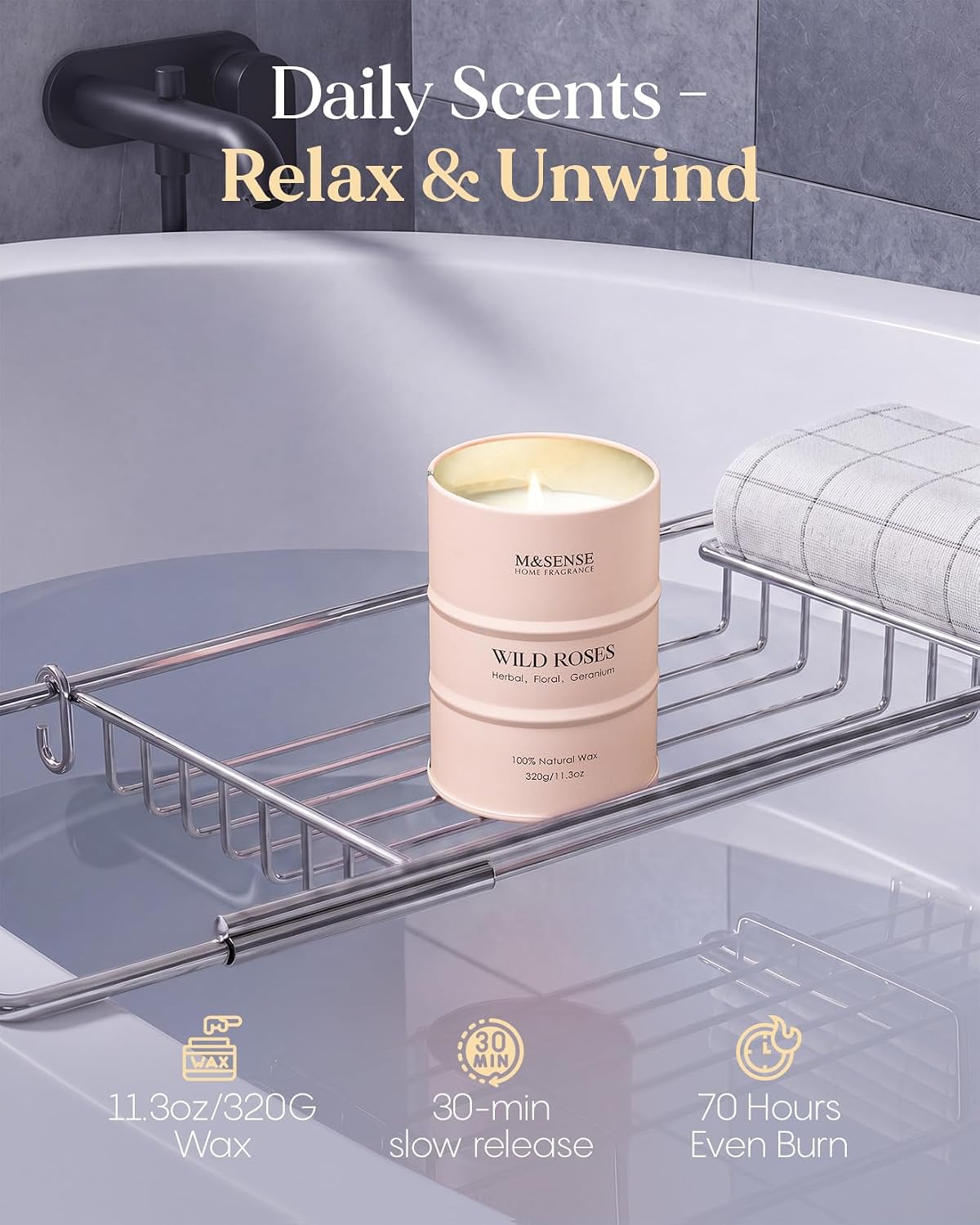 Thumbnail 3 de M&SENSE Wild Rose Scented Candle, 320g Organic Soy Wax – Floral, Non-Toxic Relaxation for Home