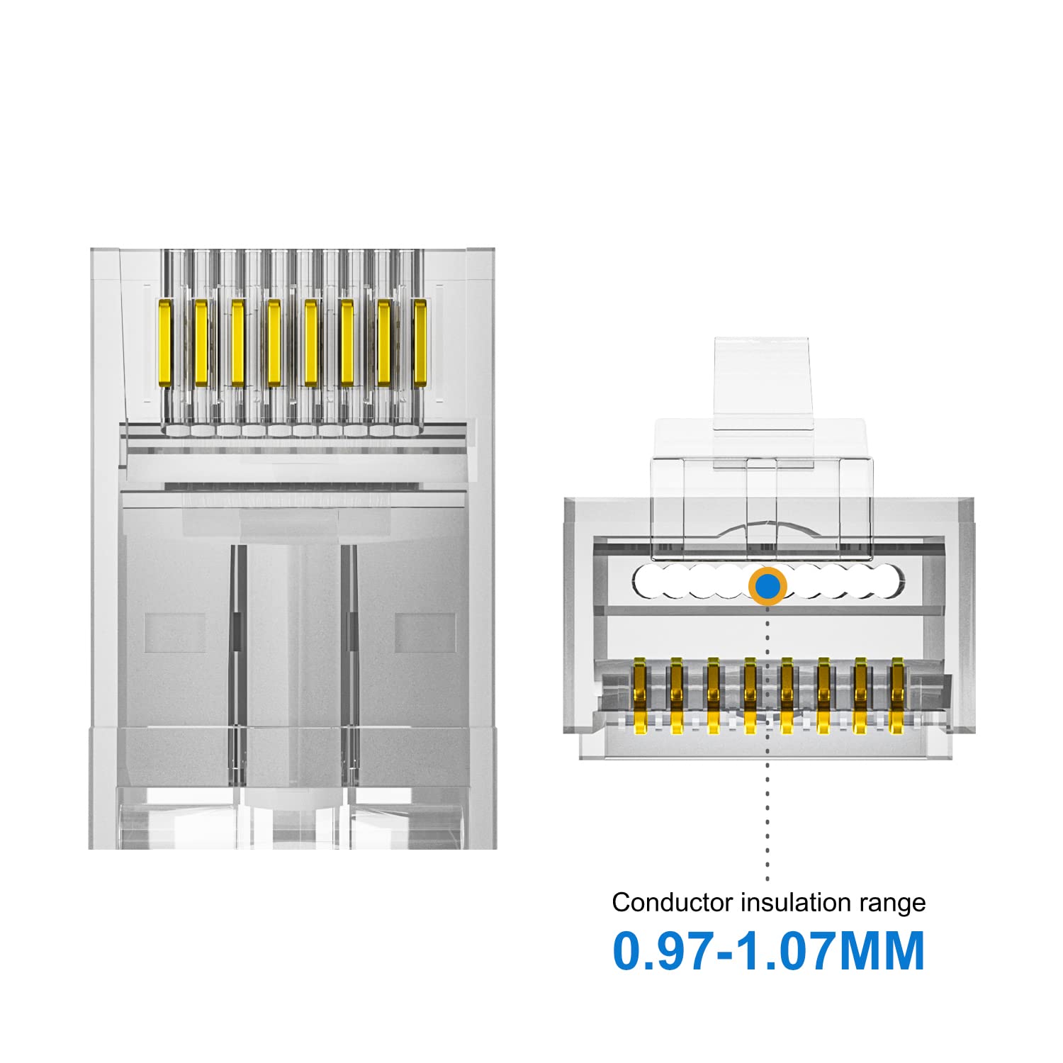 Detalle de iwillink 100-Pack RJ45 Cat6 Pass Through Connectors (Gold Plated)