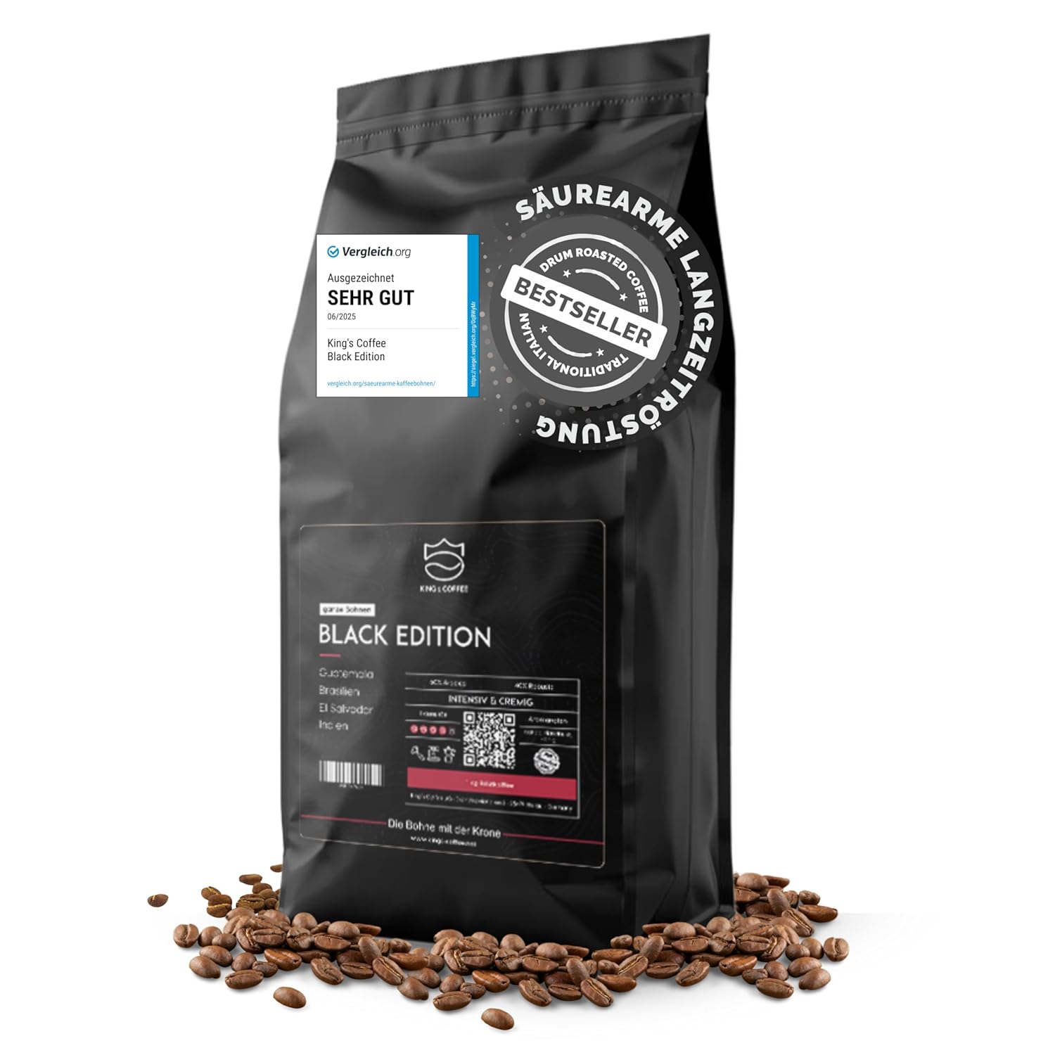 Detalle de KING'S COFFEE BLACK EDITION – 1 kg Ganze Kaffeebohnen, kräftiger Arabica Espresso Blend