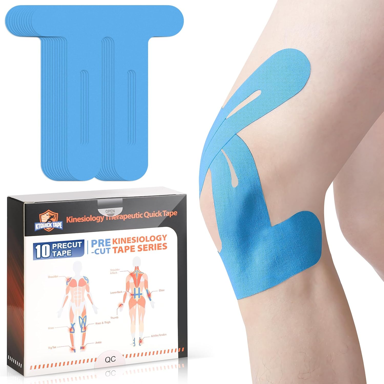 Detalle de PreCut Kinesiotapes Kinesiologie-Tapes (vorgeschnitten) für Knie – wasserfest, elastisch & hautfreundlich, 10 Streifen – blau