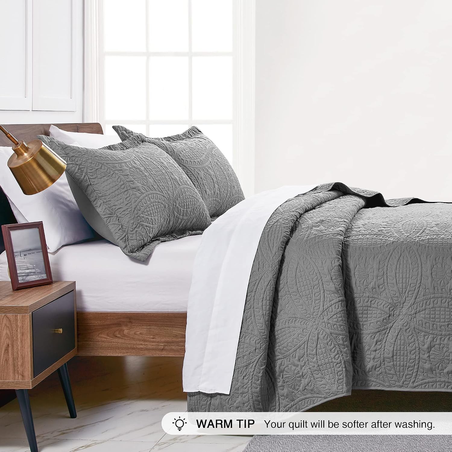Detalle 2 de Love’s cabin Quilts for Queen Bed (Grey) Coin Pattern 3-Piece Set: 1 Quilt + 2 Pillow Shams