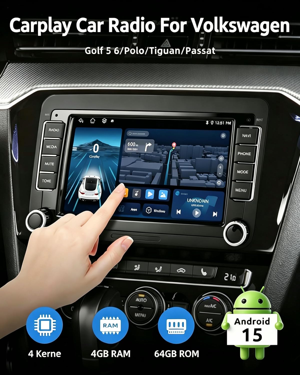 Thumbnail 1 de ESSGOO Android 15 4+64G Wireless CarPlay & Android Auto Car Stereo for VW Group (2 Din) with 7 Inch IPS Touchscreen