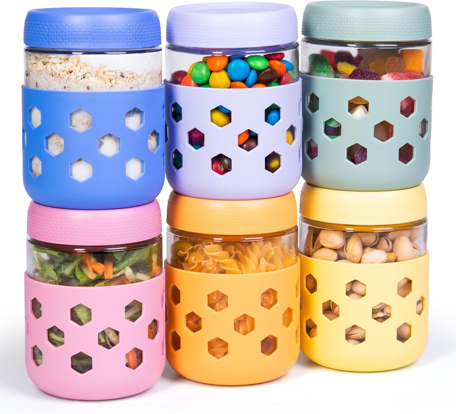 Detalle de Gemice 6-Pack 16 oz Overnight Oats Containers with Lids and Silicone Sleeves (Glass Mason Jars)
