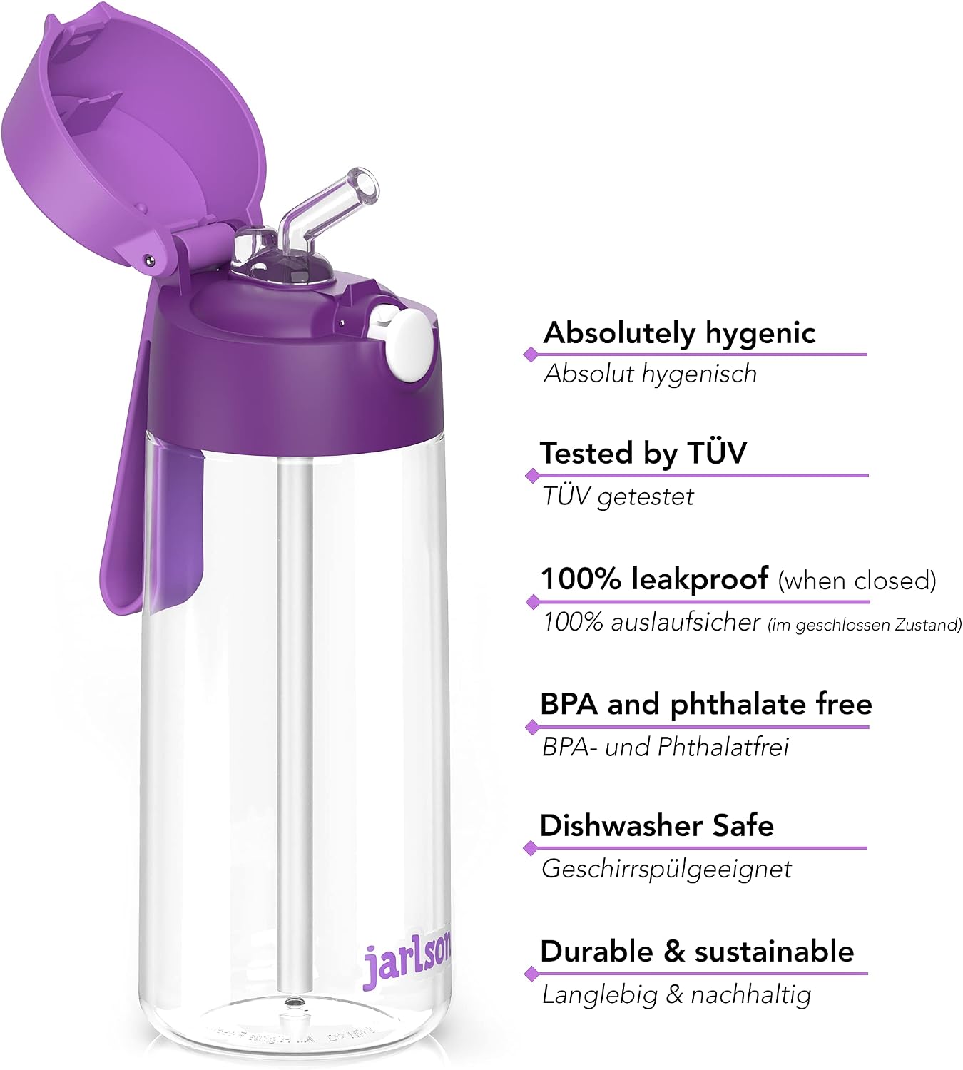 Thumbnail 2 de JARLSON Borraccia Bambini EMI 500ML – Borracce antigoccia in Tritan, cannuccia in silicone, senza BPA FTALATI, lavabile in lavastoviglie (Viola)