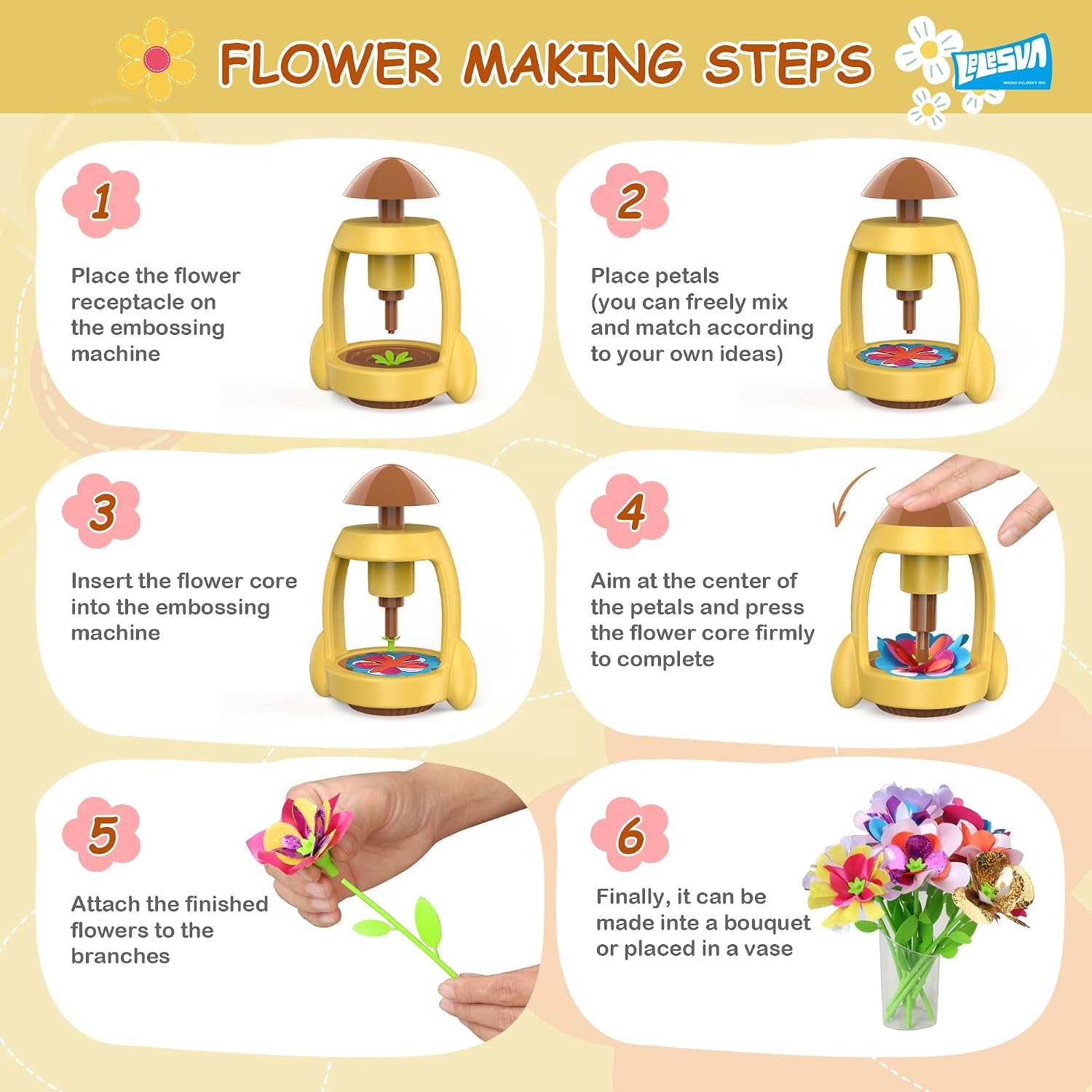 Detalle de LELESUN Kit fai da te con bouquet di fiori di stoffa e pressa per fiori per bambini (4–12 anni)