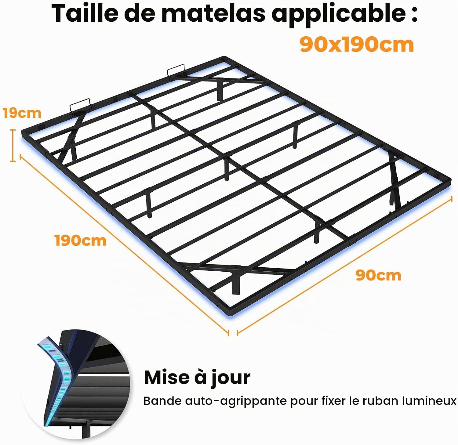 Detalle de COMHOMA BF005-BE metalen bedframe 90 x 190 cm met RGB-led en USB-poorten