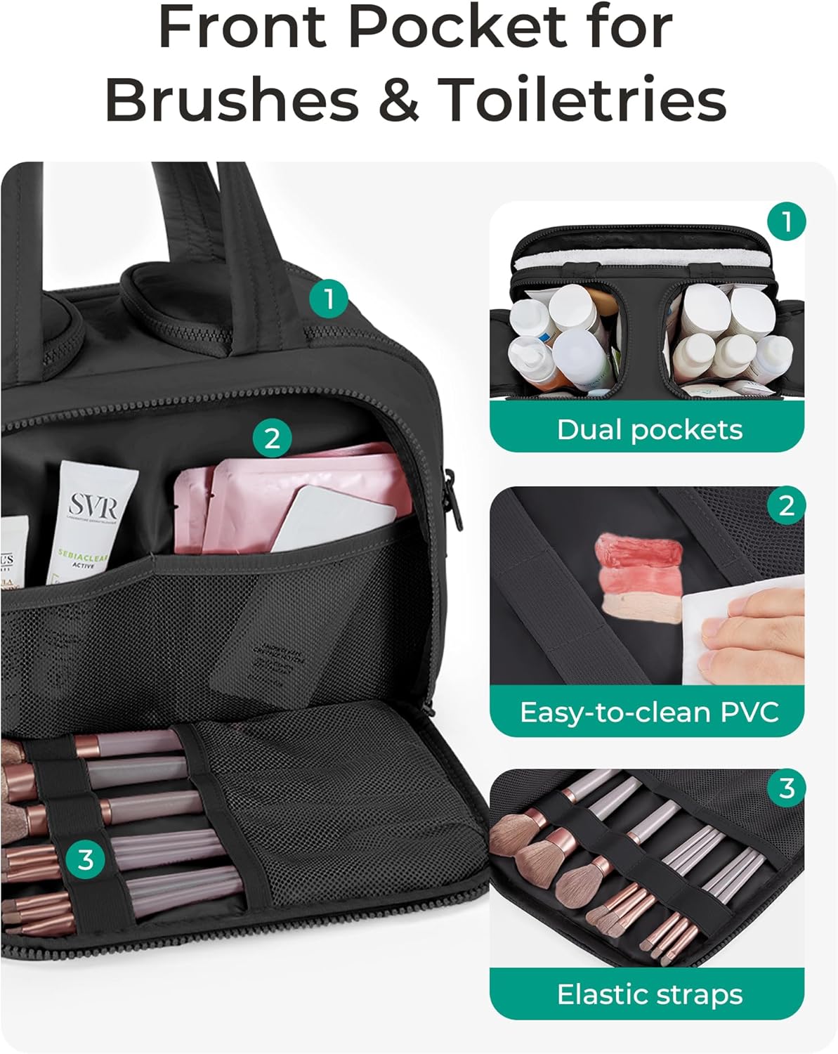 Detalle de BAGSMART Large Toiletry Bag Travel Makeup Bag: 2 Full Upright Compartments with Wet & Brushes Pocket