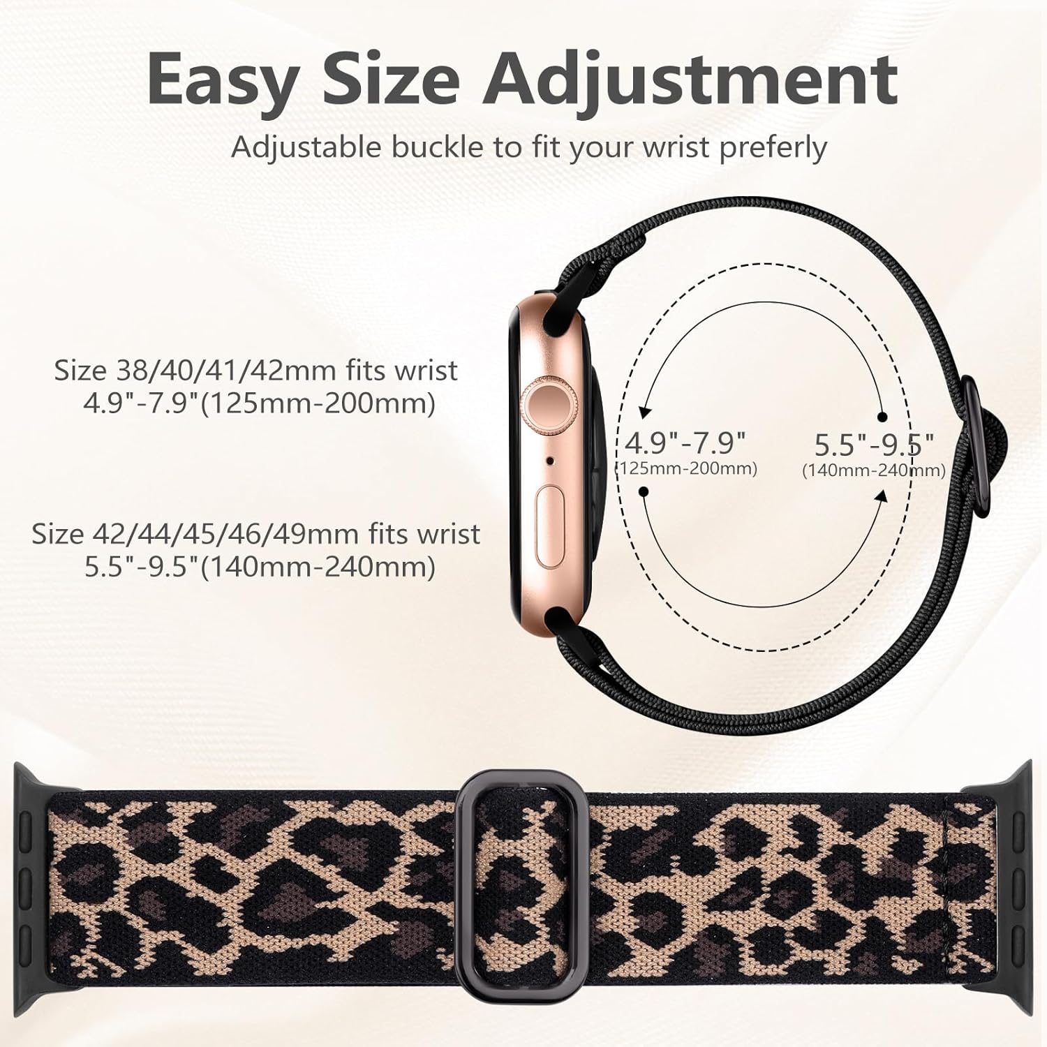 Detalle de Maledan Solo Loop Nylon Strap for Apple Watch – Leopard, Stretchy Nylon Band (44/45/46/49/42mm)