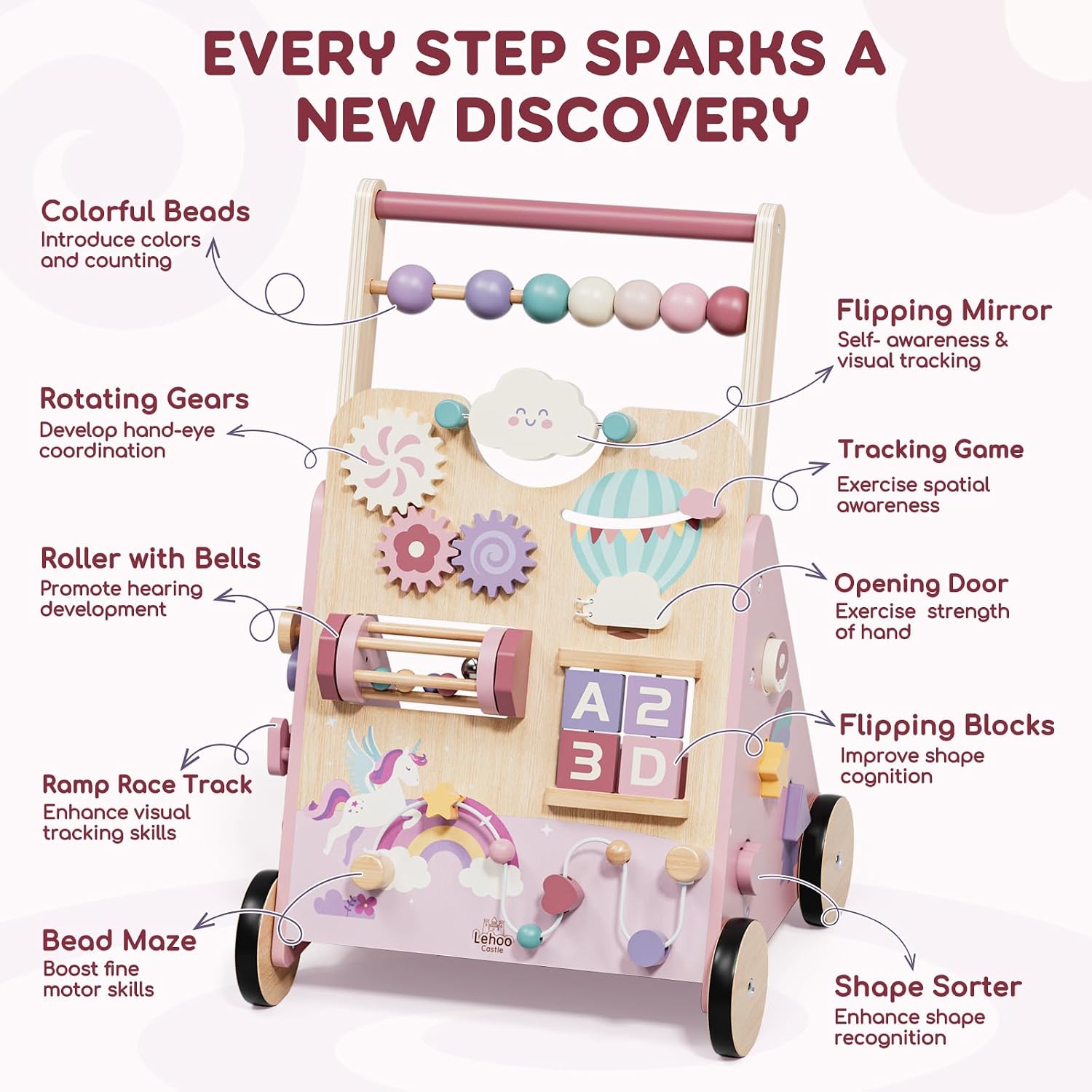 Detalle 2 de Lehoo Castle BW-002 Unicorn Wooden Baby Walker with Adjustable Speed and Activity Center
