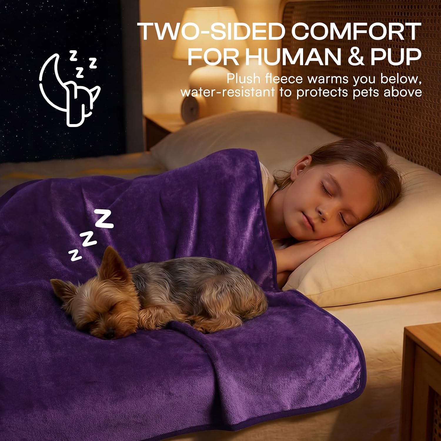 Detalle de Luciphia XL Waterproof Pet Blanket, Reversible Sherpa Fleece, Purple and White