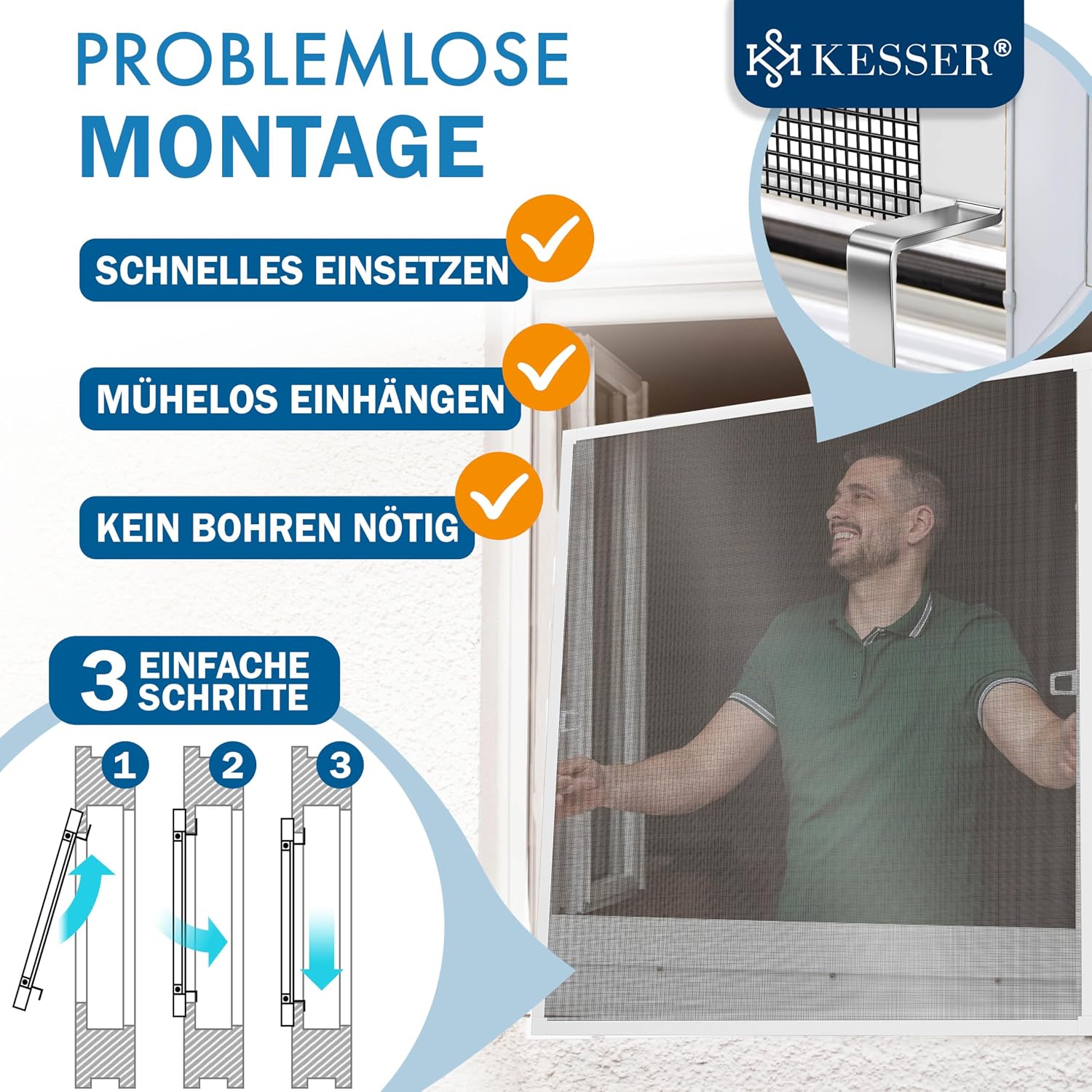 Detalle de KESSER® Fliegengitter Fenster 130x150 cm mit Aluminiumrahmen – Insektenschutz ohne Bohren (weiß)