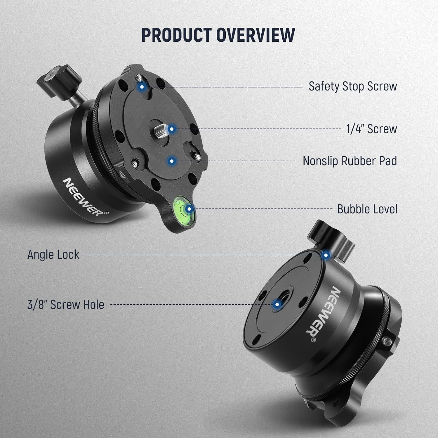 Thumbnail 6 de NEEWER Tripod Leveling Base (⌀60mm) Camera Leveler with -15°/+15° tilt and bubble level