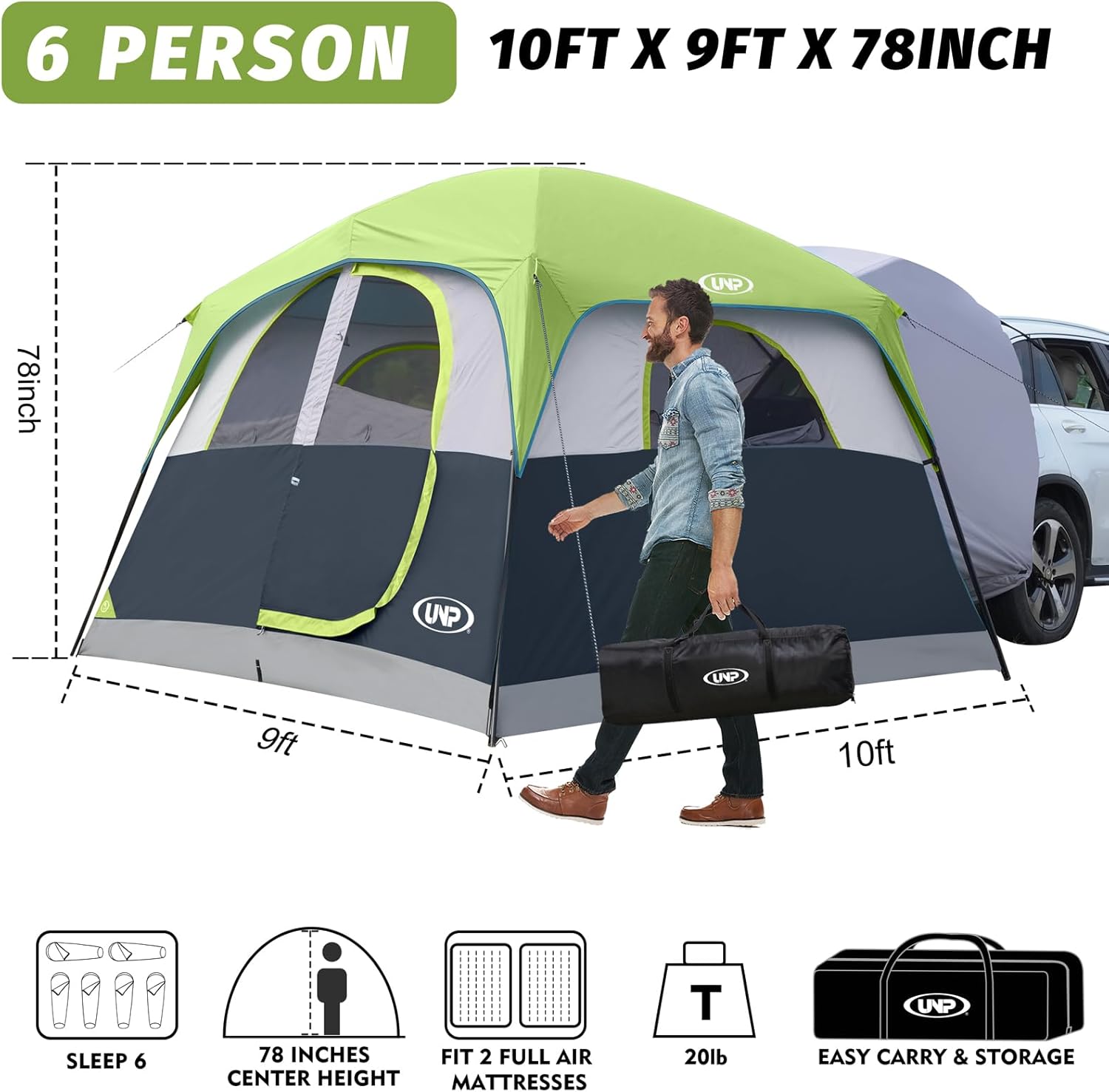 Detalle 2 de UNP Tente SUV pour Camping, 6 Personnes – Tente de hayon pour extérieur, 3 x 2,9 m, 198,1 cm de haut