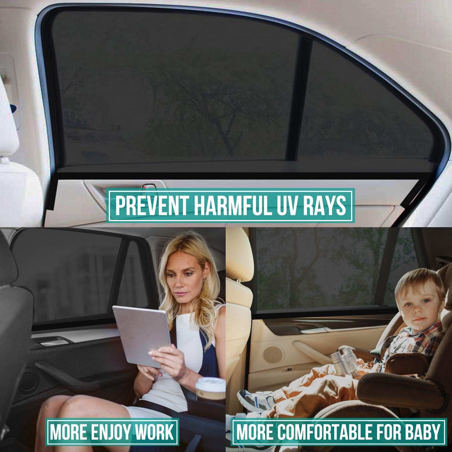 Detalle de Tendine Parasole Auto, 2 Pezzi - Protezione UV, Zanzare e Privacy per Finestrini Laterali (XL)