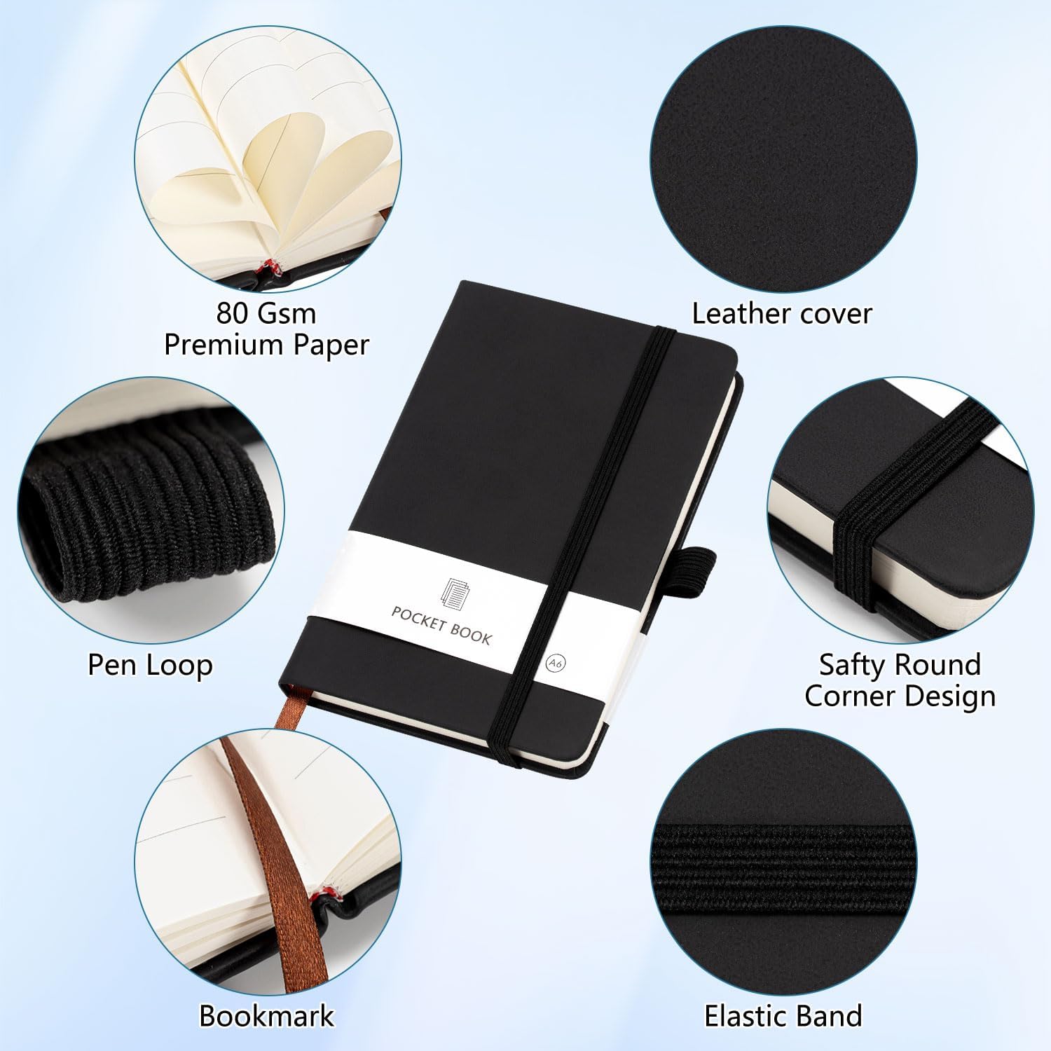 Detalle 2 de AOGEWON A6 Pocket Notebooks, 2-Pack, Black PU Leather, Lined Paper