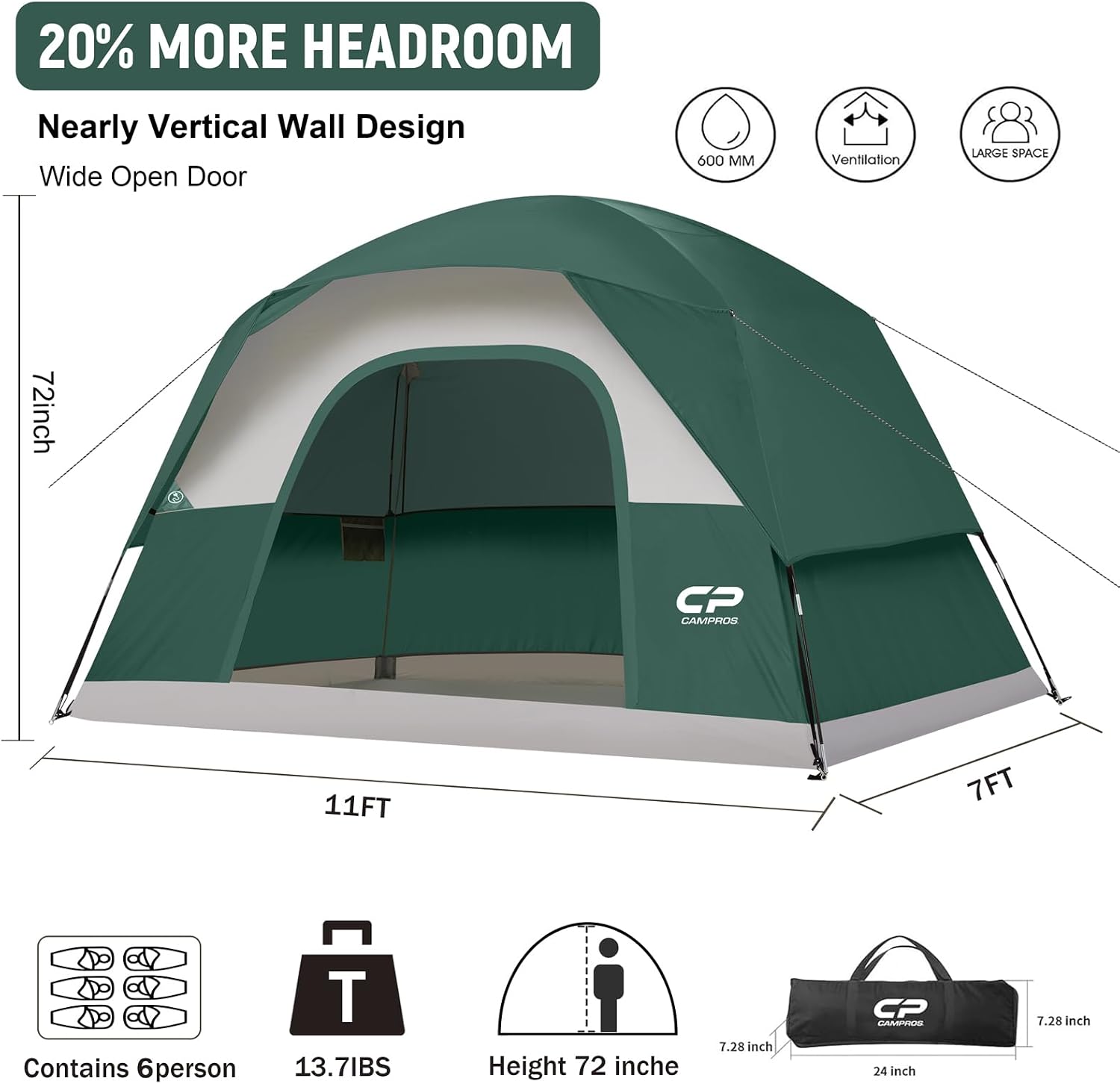 Detalle 2 de CAMPROS CP CP-1107N-1 6-Person Dome Tent with Rainfly and Mesh Ventilation