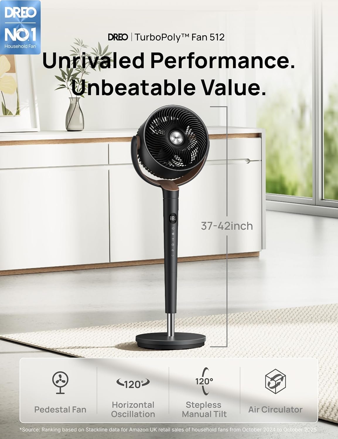 Thumbnail 1 de Dreo 20dB Ultra Quiet Standing Pedestal Fan with 120° Oscillation, Remote & 8H Timer