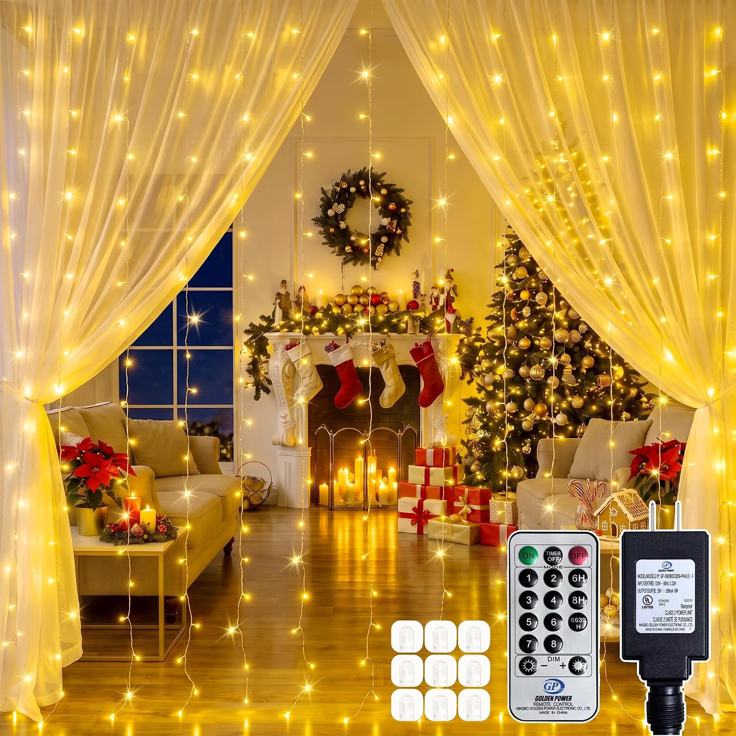 Detalle de Soagrc BG-CL3M3-306L01 Curtain String Lights, 300 Warm White LEDs