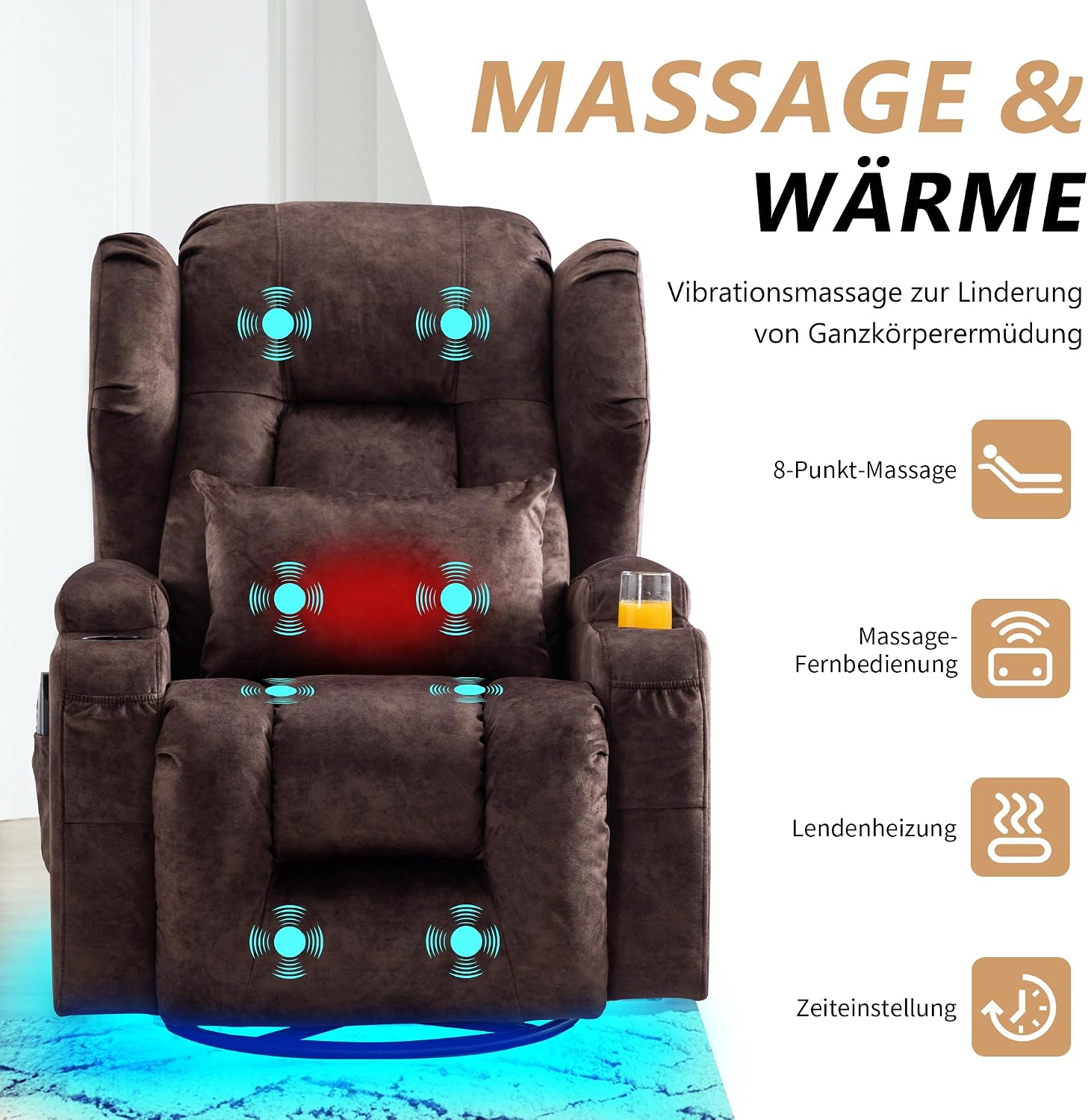 Thumbnail 6 de SITURAY 2-Motoren Elektrisch Verstellbarer Relaxsessel mit Liegefunktion, Drehbarer TV-Sessel inkl. Massage und Wärme – Samt Braun (2er-Set)