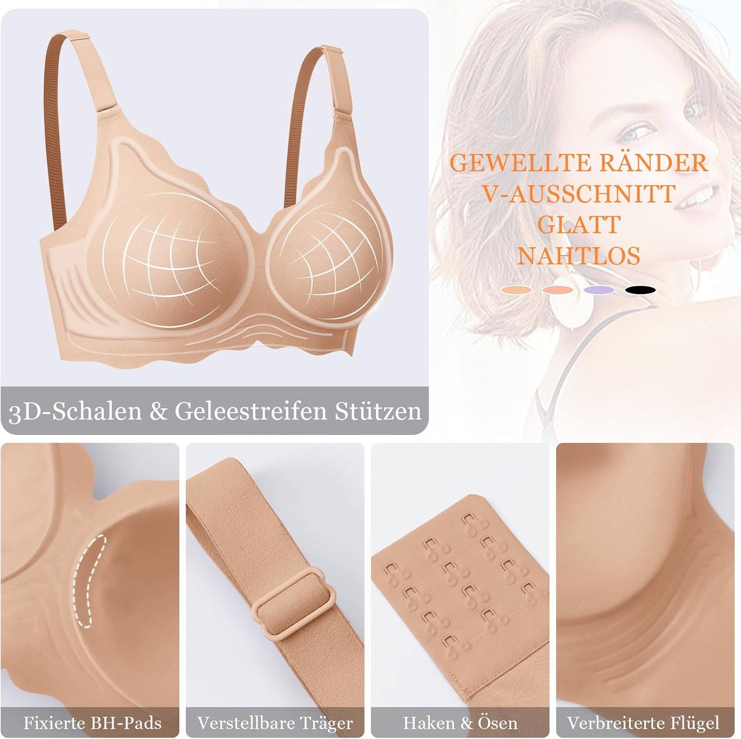 Thumbnail 2 de Ganado Damen Nahtloser BH Ohne Bügel – Bralette mit tiefem V-Ausschnitt und gewellten Rändern
