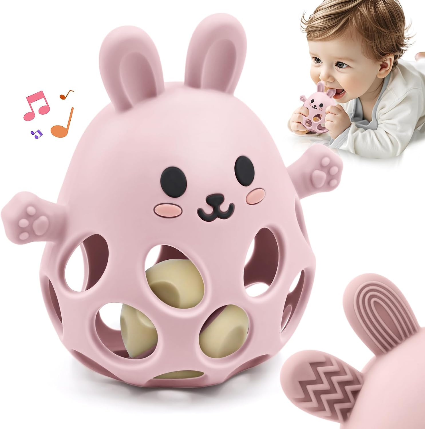 Detalle de Baby Sensory Teething Toy with Rattle for Newborn to 18 Months: Silicone Bunny Chew Toy