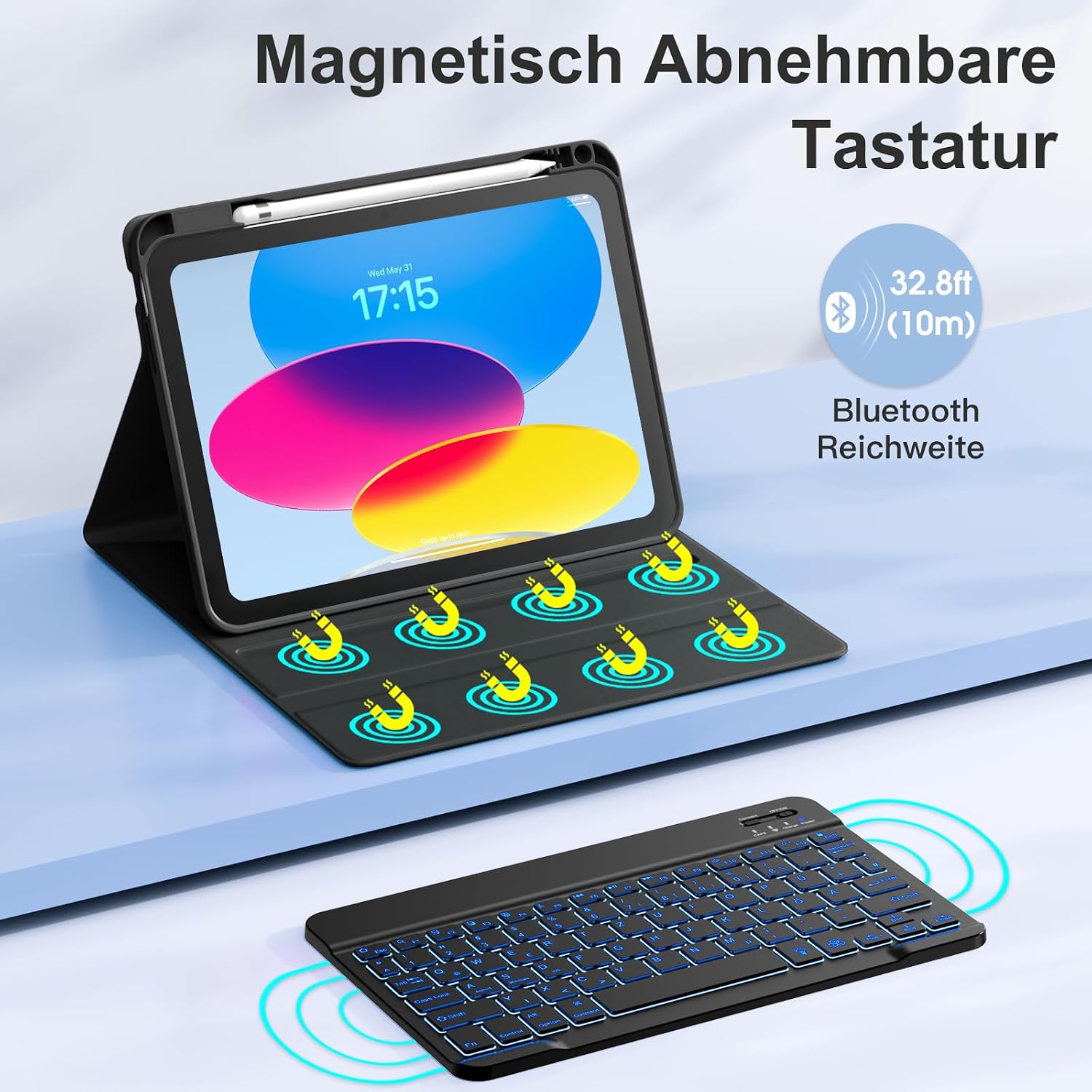 Detalle 2 de Vobafe Hülle mit Tastatur für iPad A16 (11/10.9) – abnehmbare magnetische Keyboard-Schutzhülle mit beleuchteten Tasten