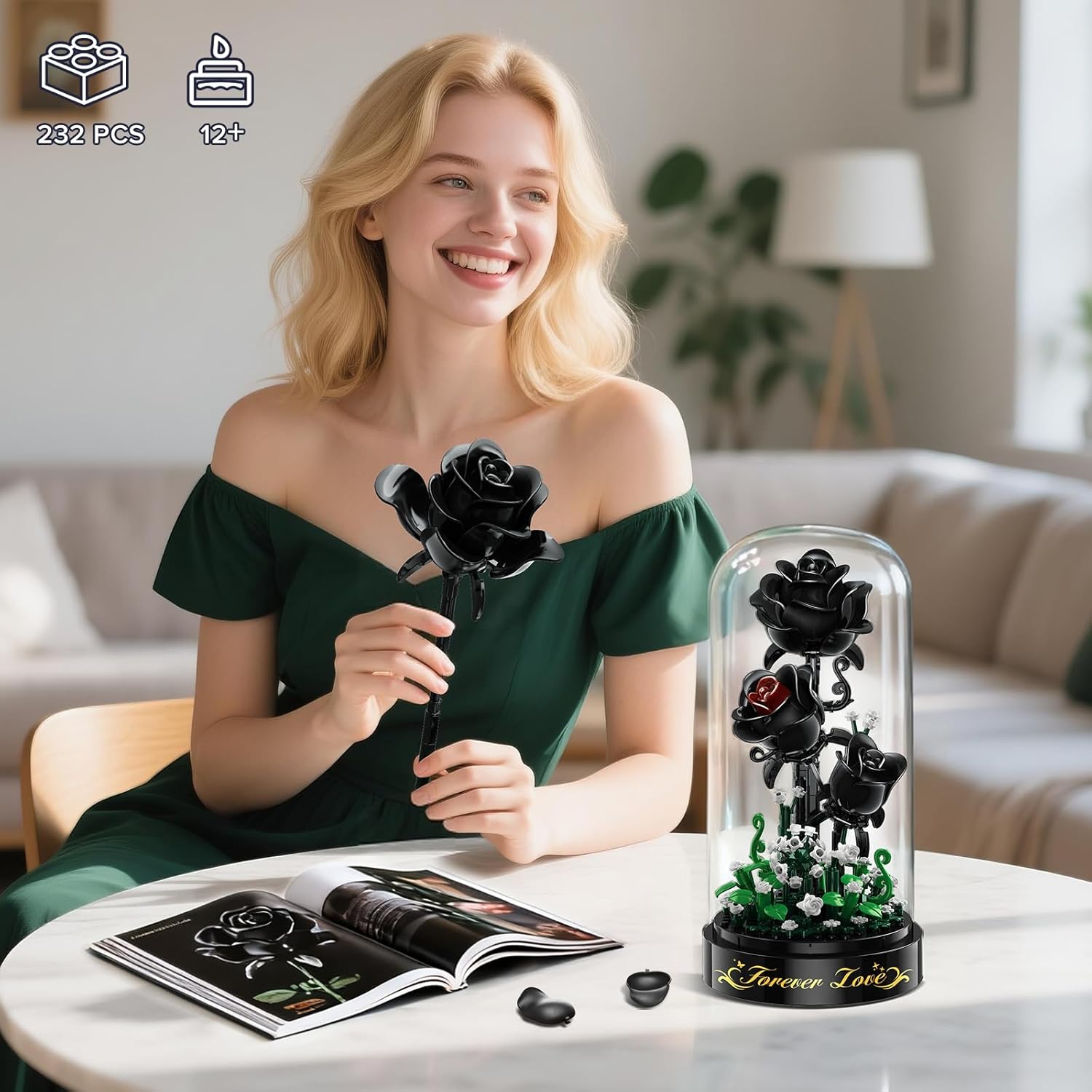Detalle 2 de HiWEEGO Flower Building Set with LED Light - 232 PCS Black Rose Kit