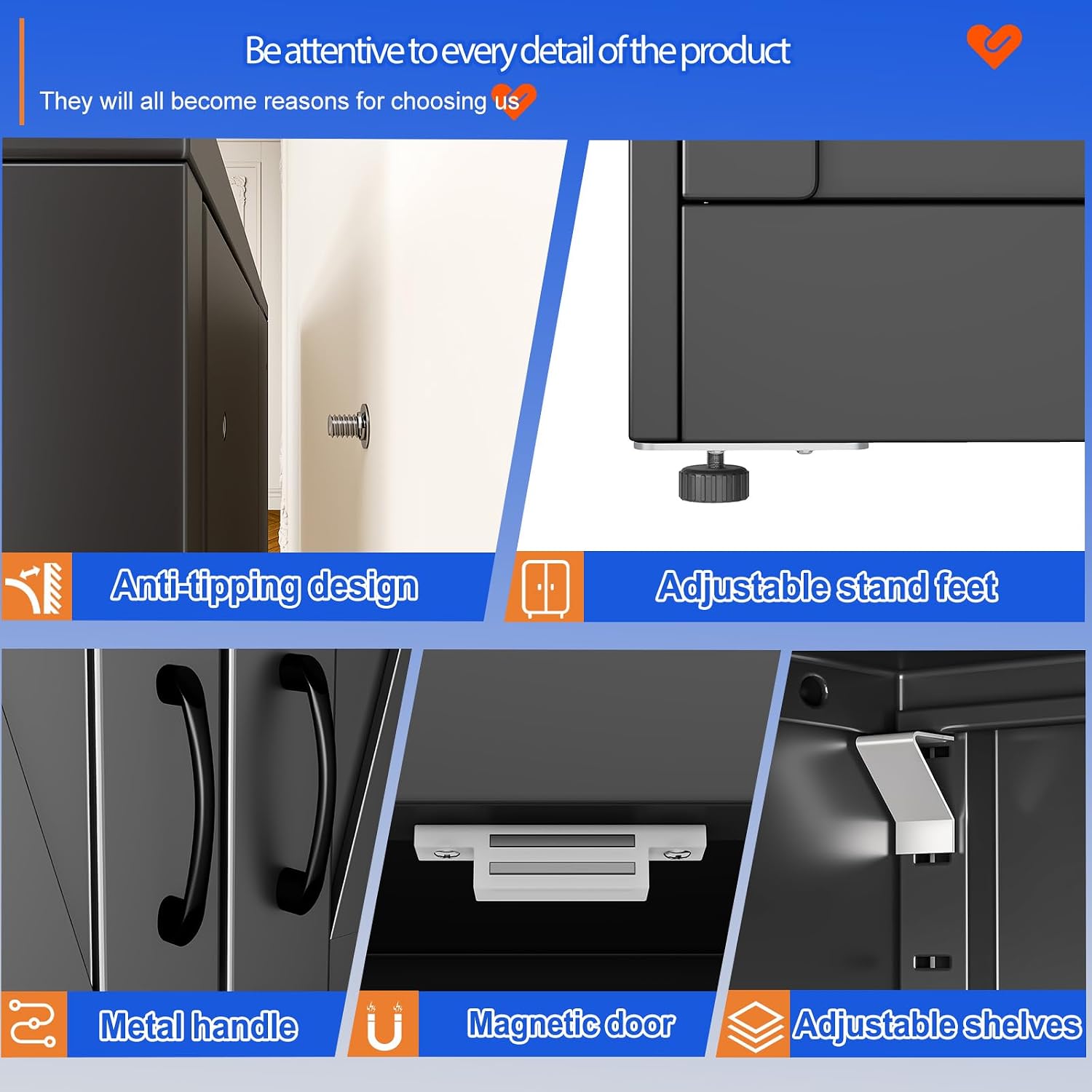 Thumbnail 4 de GAIOUS MG-XM-SM007 63-Inch Metal Storage Cabinet with 2 Doors and 3 Adjustable Shelves