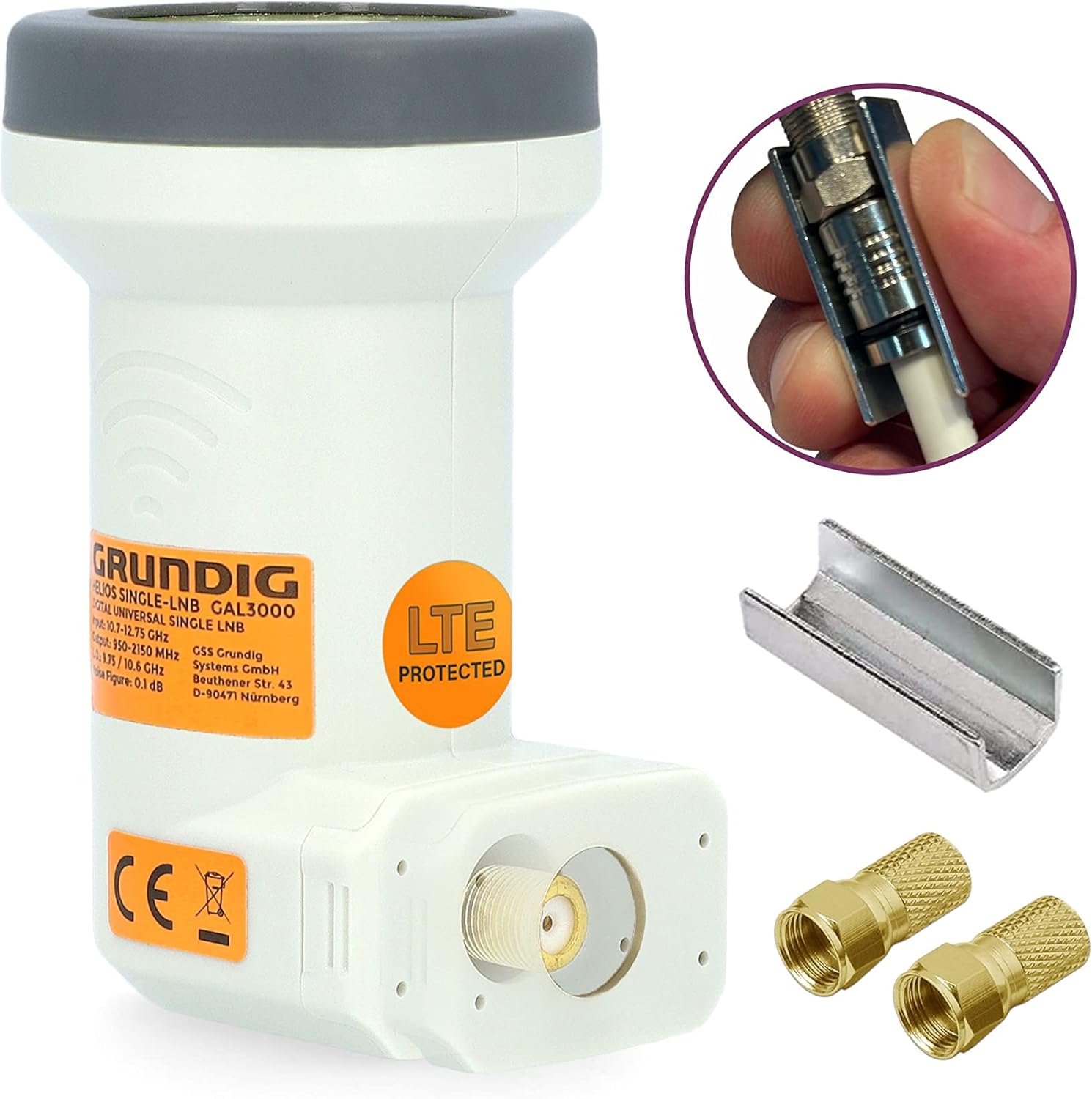 Detalle 2 de GSS Grundig Helios Single LNB (Single, 1 Teilnehmer) mit LTE-Abschirmung, Sun Protect & 2× F-Stecker