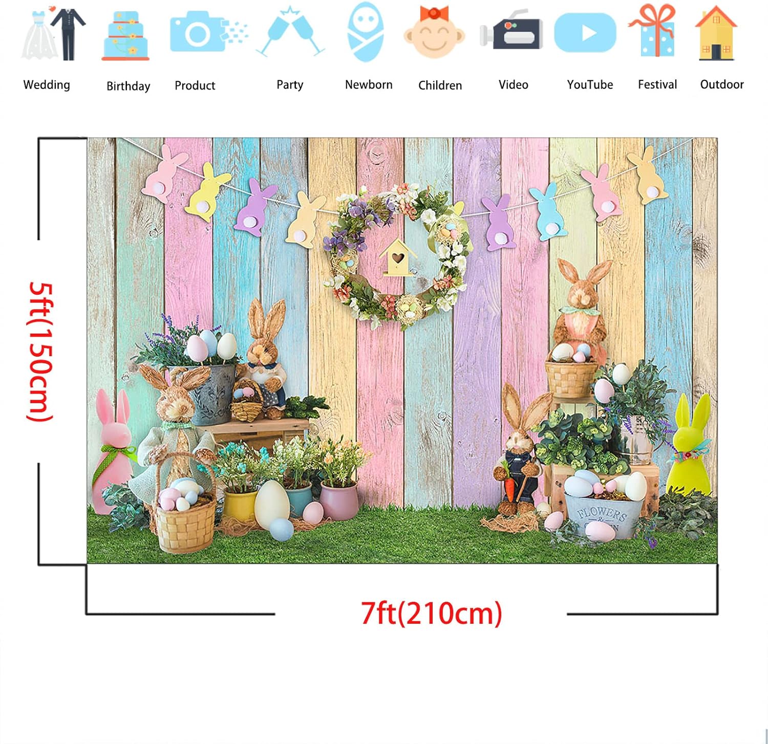 Thumbnail 4 de Avezano Spring Easter Backdrop 7x5ft – Wooden Wall Backdrop with Bunny, Colourful Eggs and Grass