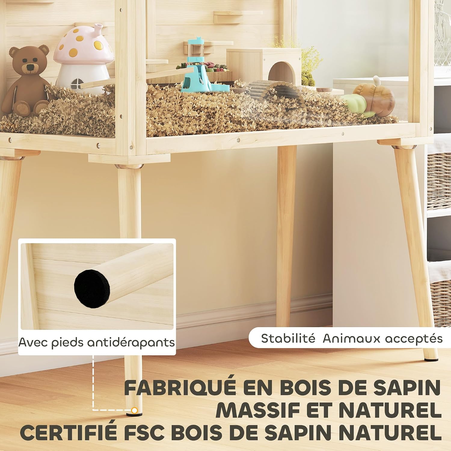 Detalle de PawHut Cage Hamster en bois FSC avec toit ouvrable, 7 plateformes, 2 balançoires et bouteille d’eau (110 x 52 x 101 cm)