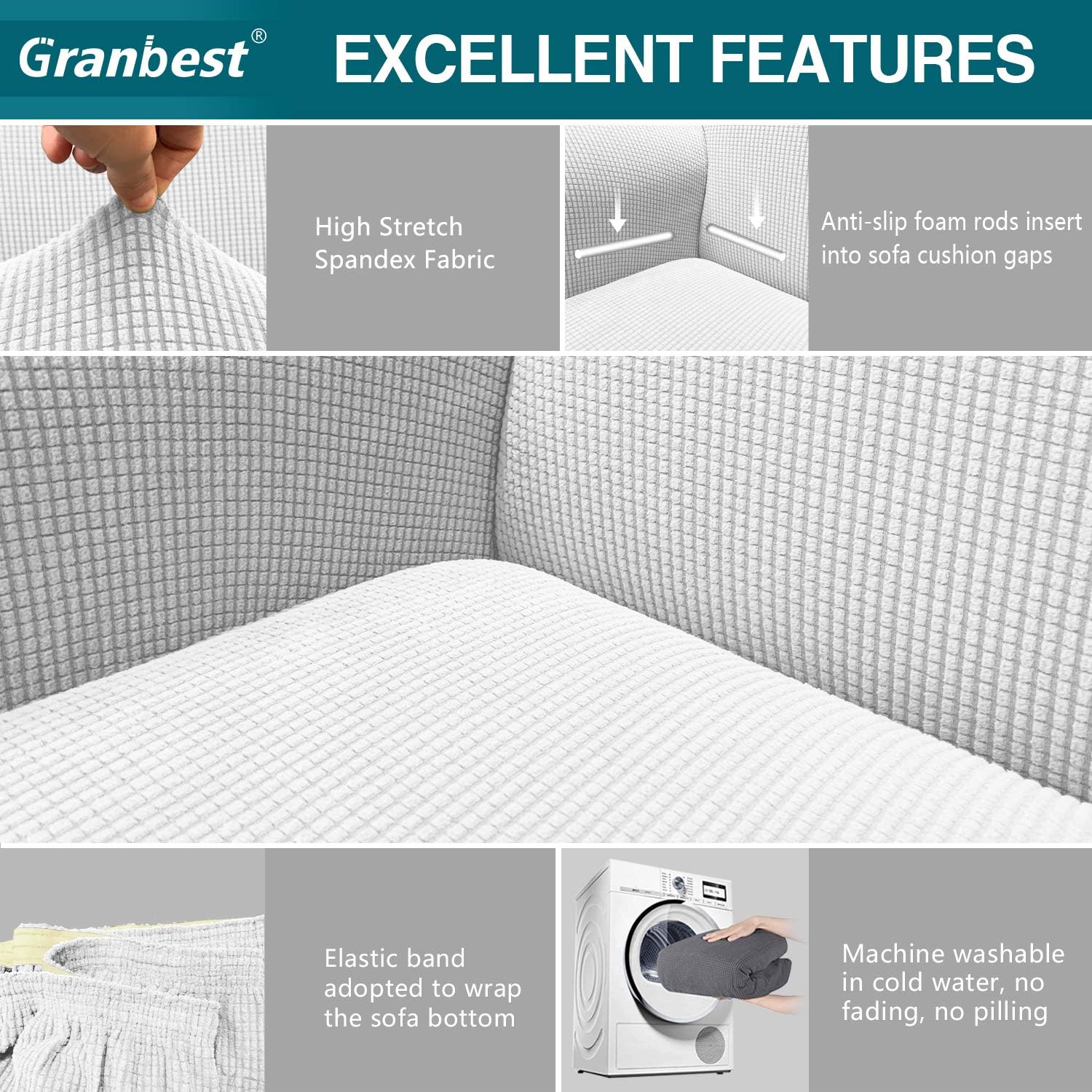 Thumbnail 2 de Granbest High Stretch 4 Seater Sofa Cover | Creamy White Jacquard Spandex Non-Slip Couch Slipcover