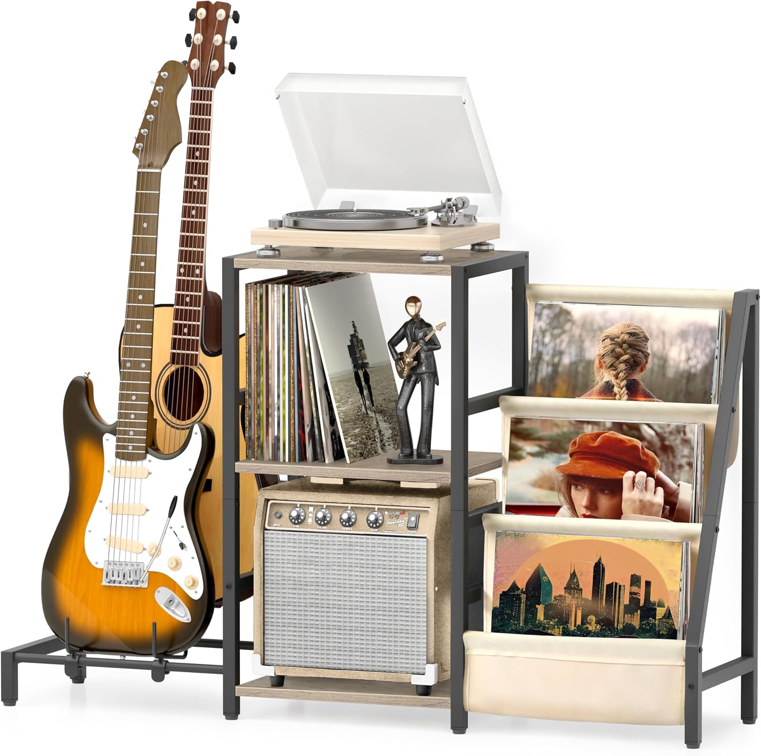 Detalle de Bikoney Record Player Stand with 3-Tier Vinyl Storage and Guitar Stand – White