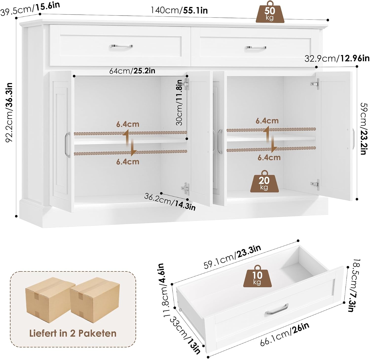 Detalle de FirFurd P032 140cm White Sideboard with Adjustable Shelves and Two Drawers