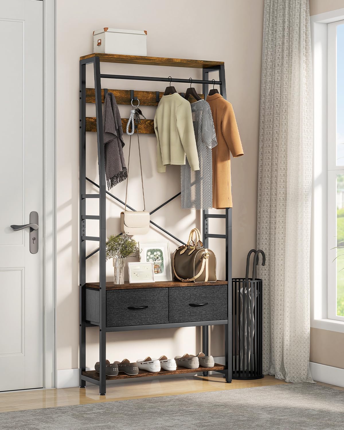 Thumbnail 1 de YITAHOME Coat Rack Stand with Shoe Storage – Industrial Floorstanding Hall Tree with Bench, 8 Hooks, 2 Drawers and Bottom Shoe Rack