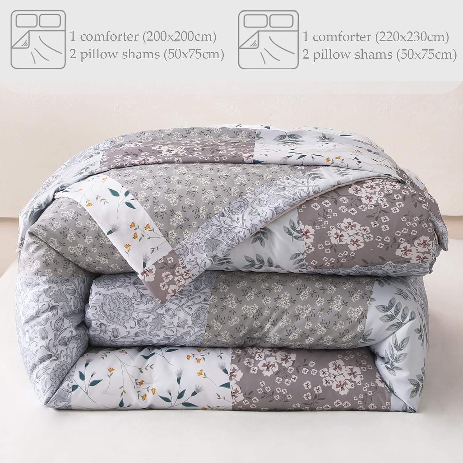 Detalle de Whale Flotilla Double Size Coverless Duvet Set 7.5 Tog, Patchwork Floral – 200×200cm, Grey