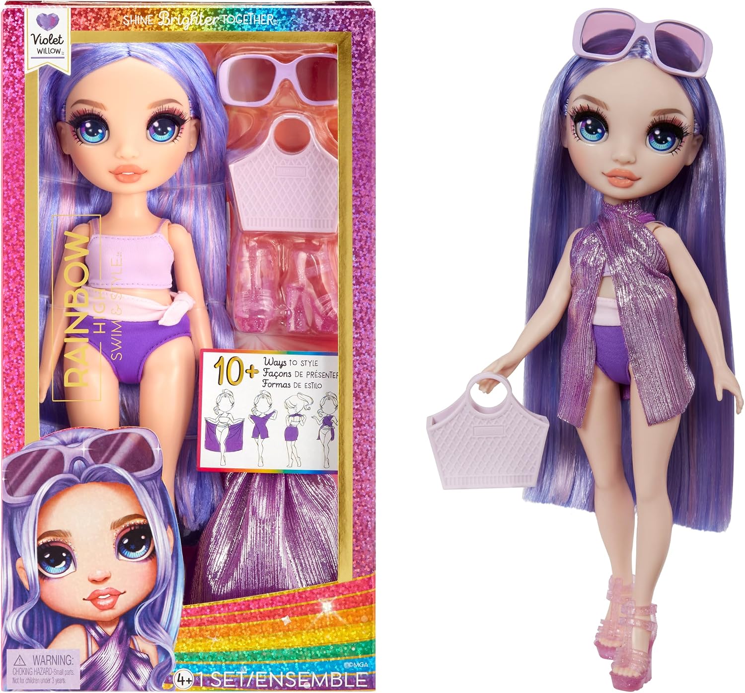 Detalle de Rainbow High Swim & Style 507314-EUC – lalka Violet 28 cm z chustą do stylizacji