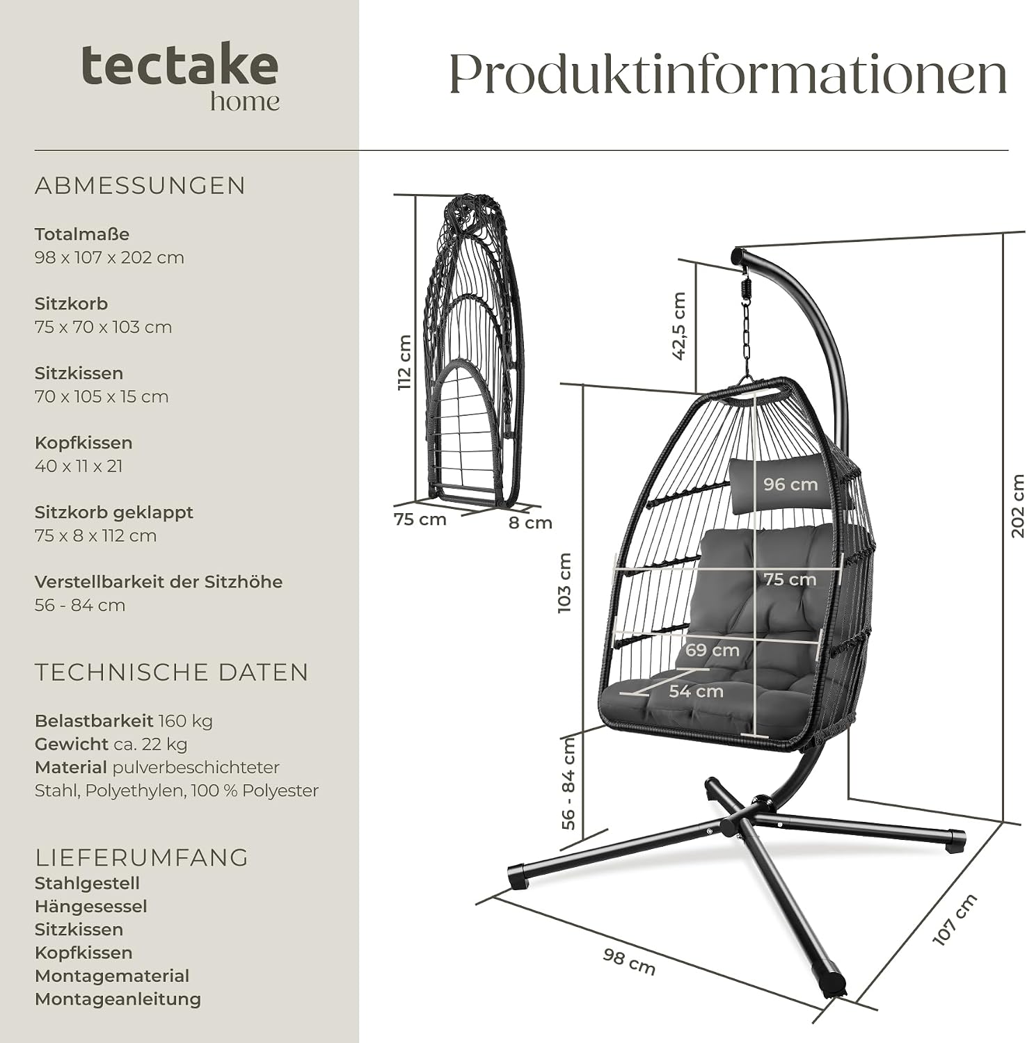 Thumbnail 5 de tectake Hängesessel mit Gestell 160 kg Schwarz