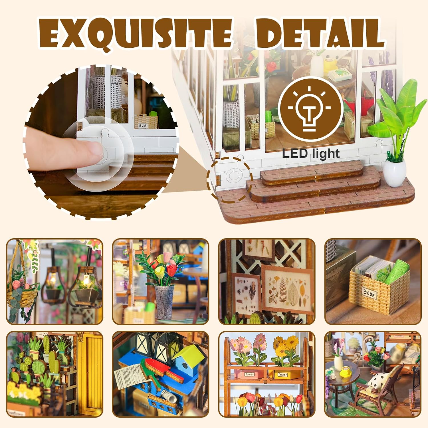 Detalle de FEIMUOSI DIY Book Nook houten miniatuurset met meubels, ledverlichting en muziek
