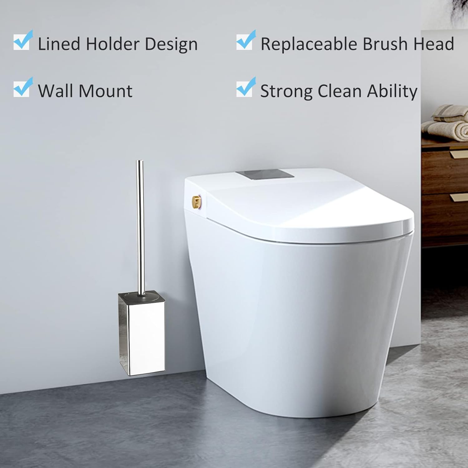 Thumbnail 1 de bgl Porte-brosse WC carré mural en acier inoxydable 304 (chromé) – tête de brosse remplaçable