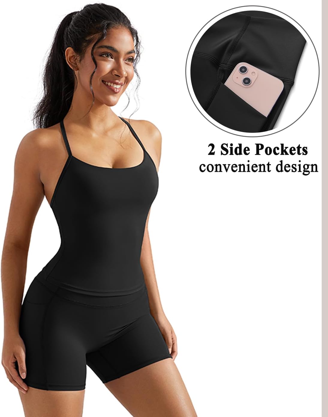 Detalle de OMKAGI 2 Piece Workout Set for Women: Padded Sports Bra Tank + Scrunch Shorts with Pockets